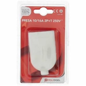 PRESA BIVALENTE 10/16A 2P+T, USCITA CASO ASSIALE, FERMACAVO A VITE, COLORE BIANCO