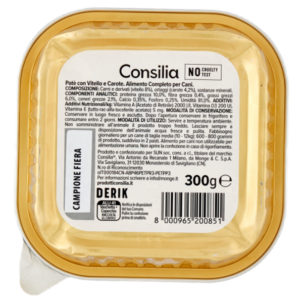 Consilia Derik Paté per Cane con Vitello e Carote 300 g