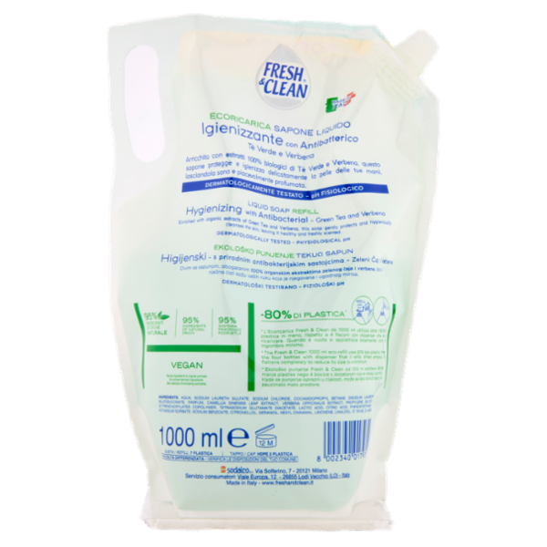 Fresh & Clean Sapone Liquido Igienizzante con Antibatterico Tè Verde e Verbena Ecoricarica 1000 ml