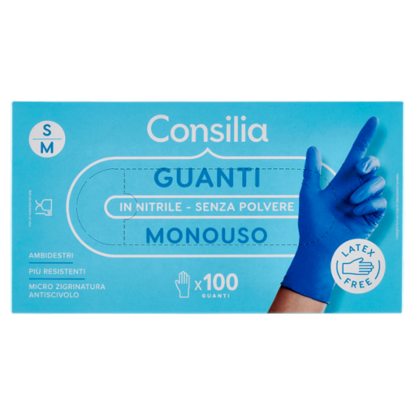 Consilia Guanti Monouso in Nitrile Senza Polvere Taglia S/M 100 pz