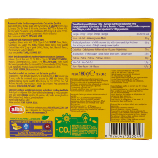 alba Tramezzini Pan Piccoli Panini con Prosciutto Cotto Alta Qualità 3 x 60 g