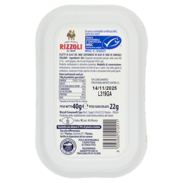 Rizzoli Filetti di Alici del Mar Cantabrico Olio 100% Italiano 40 g