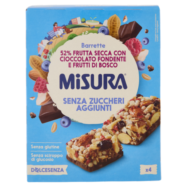 Misura Dolcesenza Barrette 52% Frutta Secca con Cioccolato Fondente e Frutti di Bosco 4 x 30 g