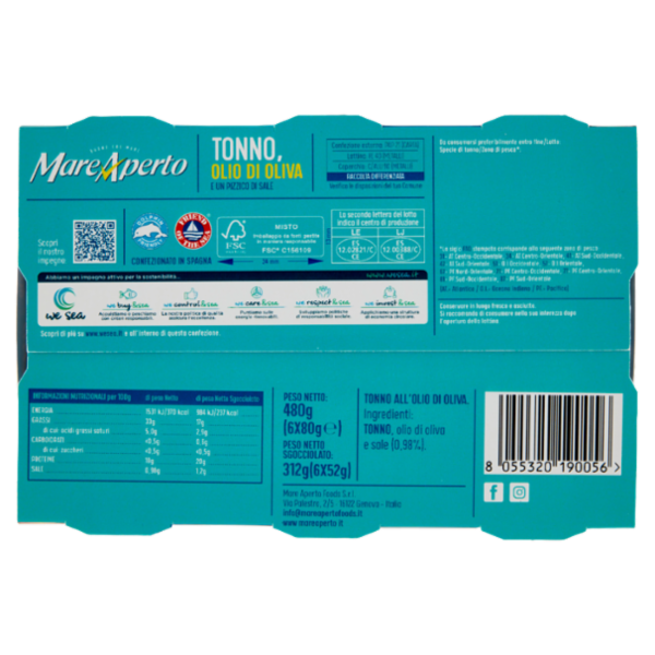 Mare Aperto Tonno, Olio di Oliva e un Pizzico di Sale 6 x 80 g