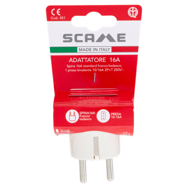 Scame Adattatore 16A Spina 16A standard franco/tedesco, 1 presa bivalente 10/16A, 2P+T 250V