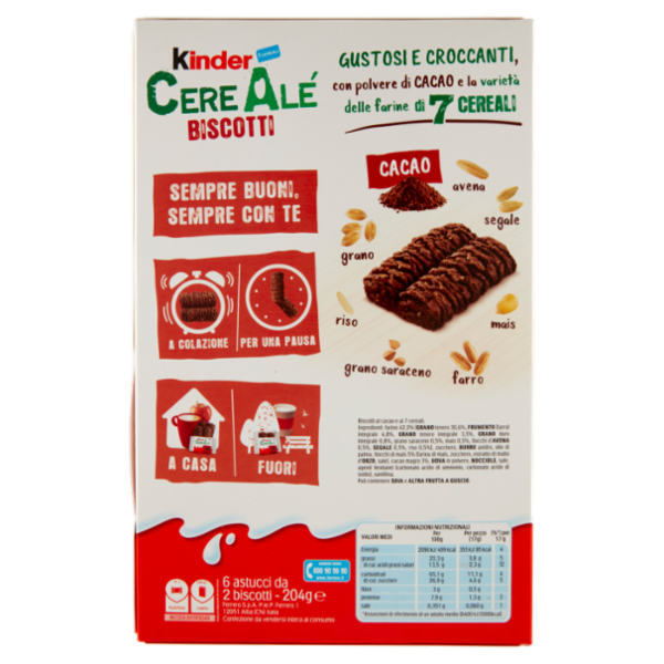 Kinder CereAlé Biscotti Cacao 6 astucci da 2 biscotti 204 g