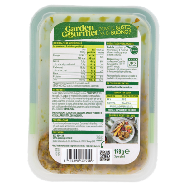 GARDEN GOURMET Mini Burger Vegano 99kcal con Carote, Broccoli, Bulgur e Quinoa 3 porzioni 198g