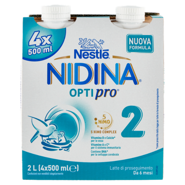 NESTLÉ NIDINA Optipro 2 Latte di proseguimento liquido da 6 mesi 4 Brick da 500ml (2L)