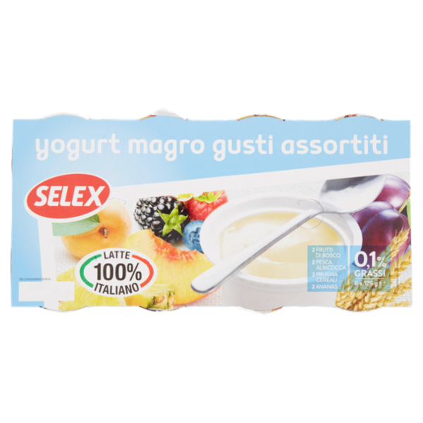 Selex Yogurt Magro Ai Gusti Assortiti: Frutti di Bosco, Pesca/Albic, Prugne/Cereali, Ananas 8x125 g