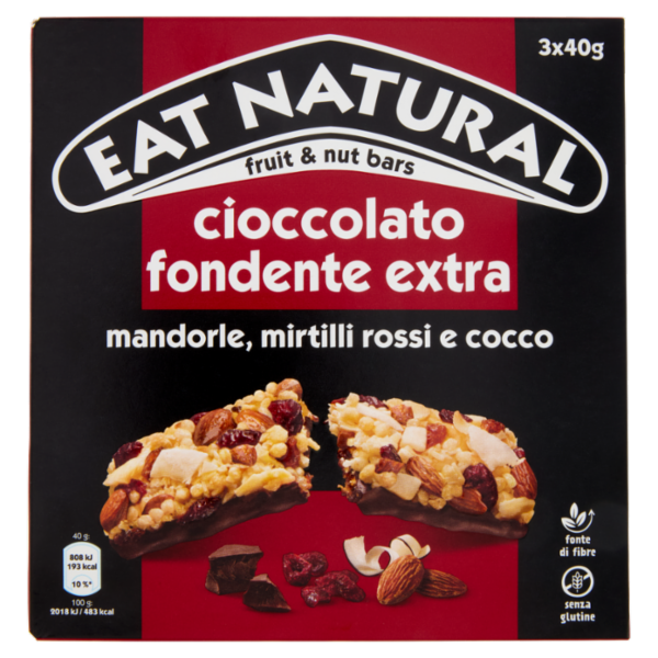 Eat Natural cioccolato fondente extra mandorle, mirtilli rossi e cocco 3 x 40 g