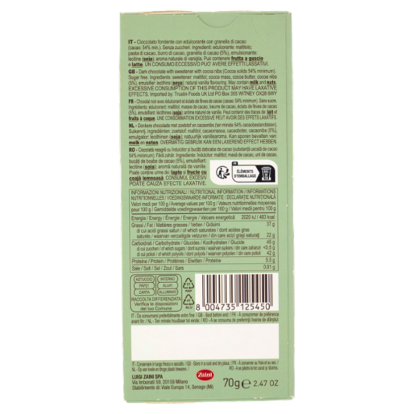 Zàini Zero Sugar Fondente Granella cacao 70 g