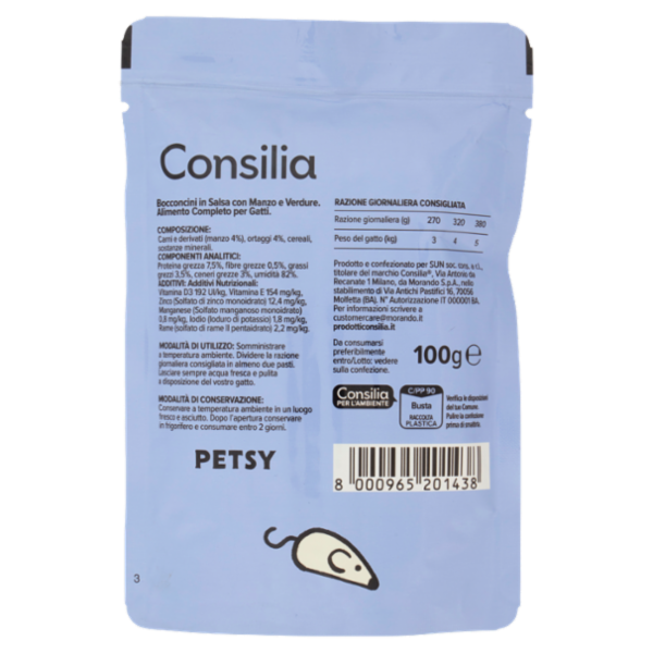 Consilia Petsy Gatto Bocconcini in salsa con Manzo e Verdure 100 g