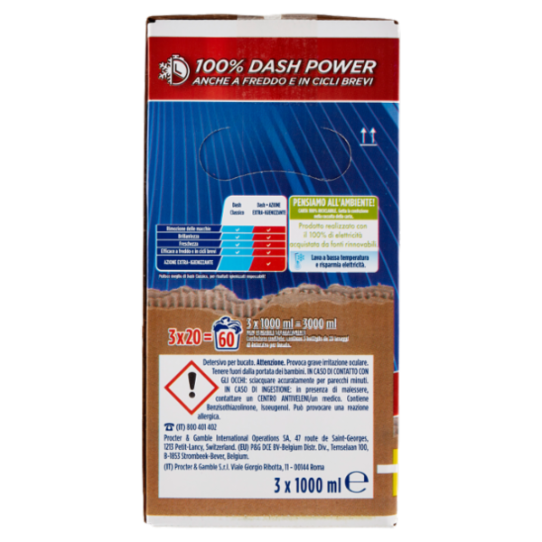 Dash Power Detersivo Liquido Lavatrice, Azione Extra-Igienizzante, 3x20=60 Lavaggi 3x1000ml