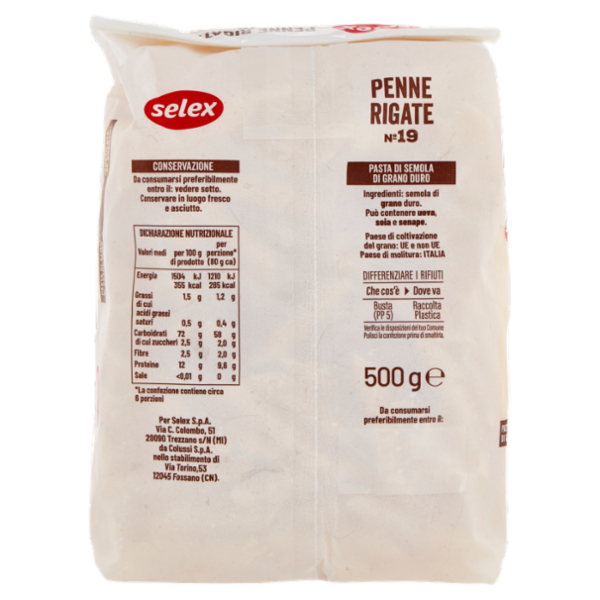 Selex Pasta di Semola Trafilata al Bronzo Penne Rigate 500 g