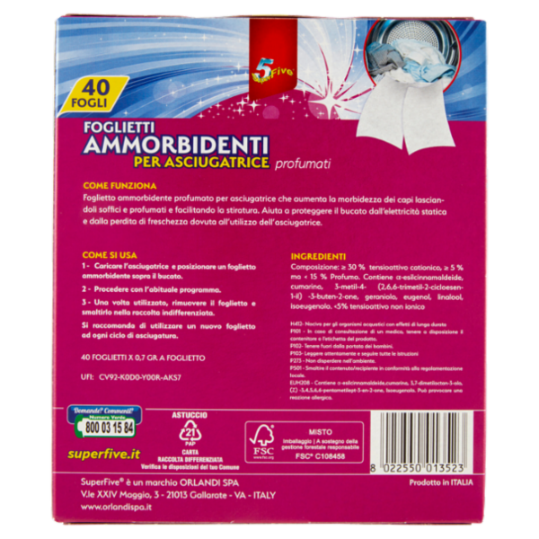 Super5 Foglietti Ammorbidenti per Asciugatrice profumati 40 pz