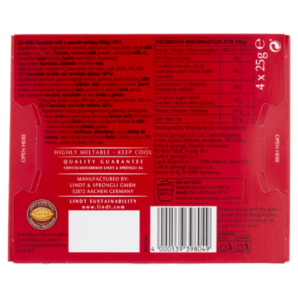 Lindt Lindor Barrette snack cioccolato al latte confezione 4 x 25 g