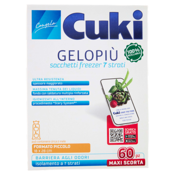 Cuki Congela Gelopiù sacchetti freezer 7 strati Formato Piccolo 18 x 28 cm 60 pz