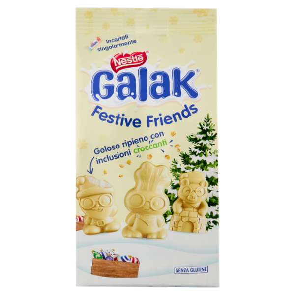 GALAK Festive Friends Personaggi di Cioccolato Bianco e Cereali Sacchetto 147g