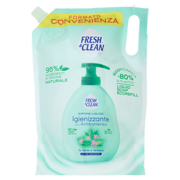Fresh & Clean Sapone Liquido Igienizzante con Antibatterico Tè Verde e Verbena Ecoricarica 1000 ml