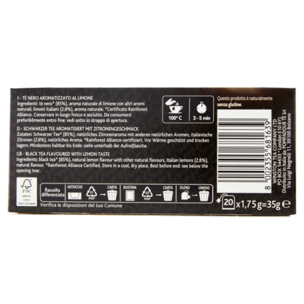 Sir Winston Tea Limone Italiano Tè Nero 20 x 1,75 g