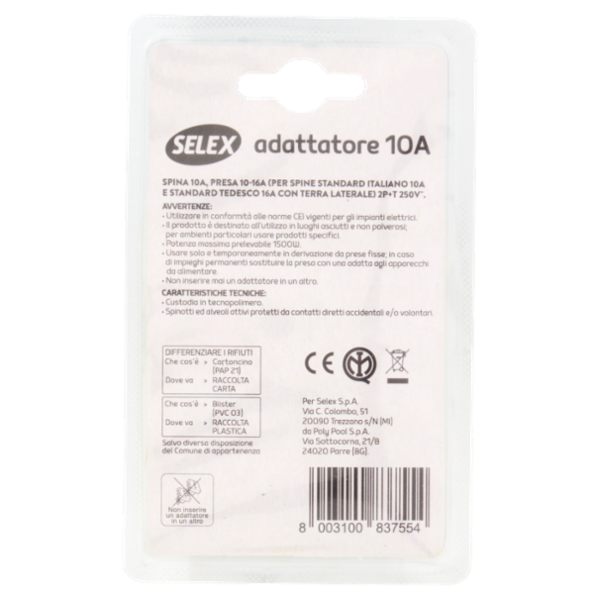 Selex Adattatore Semplice Spina 10A + 1 Presa Tedesca Trasparente