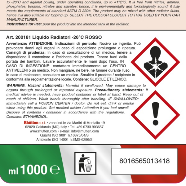 LIQUIDO RADIATORI ROSSO -26°C 1L