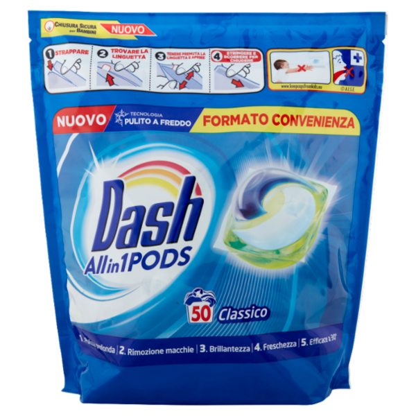 Dash PODS Allin1 Detersivo Lavatrice in Capsule per Bucato Classico 50 Lavaggi 1260 g