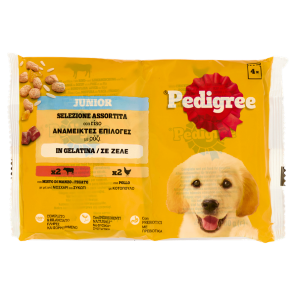 Pedigree Junior Manzo Riso/Pollo Gelatina cibo umido cane 4x100g