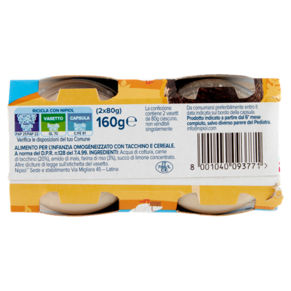 nipiol tacchino omogeneizzato con carne e cereale 2 x 80 g