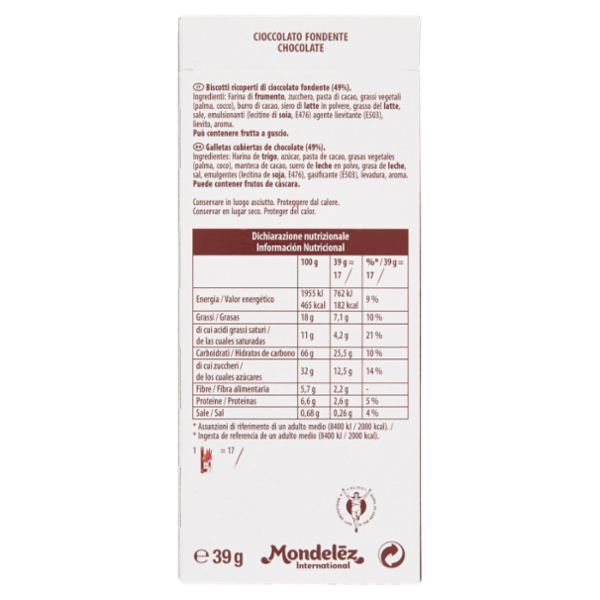 Mikado, biscotto ricoperto di cioccolato fondente formato pocket 39g