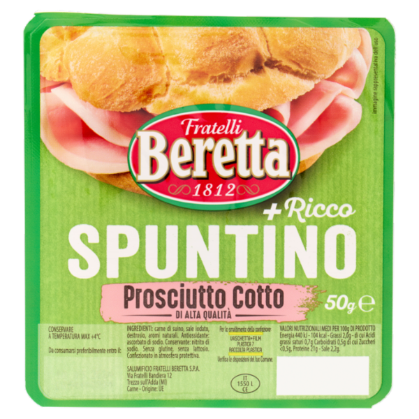 Fratelli Beretta Spuntino + Ricco Prosciutto Cotto di Alta Qualità 50 g