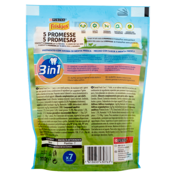 PURINA FRISKIES Dental fresh Snack igiene orale e dentale taglia S busta 7 bastoncini 110 g