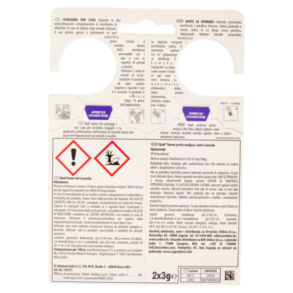 Raid Anti Tarme Gel Vestiti, per Capi Piacevolmente Profumati, Fragranza alla Lavanda, 2 x 3g