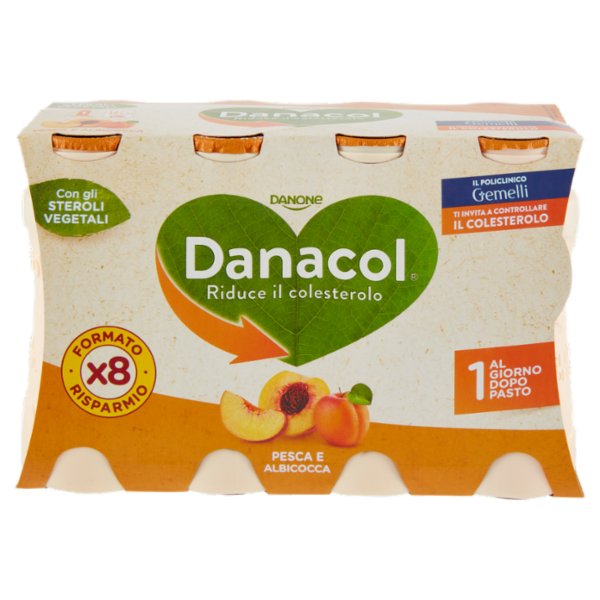 DANACOL Yogurt da bere, Riduce il Colesterolo grazie agli Steroli Vegetali, Pesca Albicocca, 8x100g