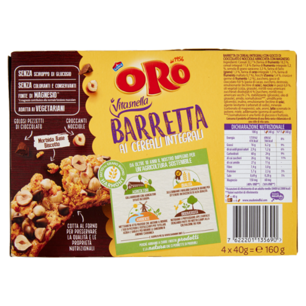 Oro Saiwa Vitasnella Barrette ai cereali integrali con cioccolato fondente e nocciole - 4 x 40 g