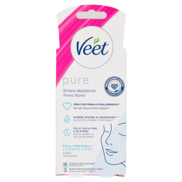 Veet Pure Strisce Depilatorie Viso, Ipoallergeniche, Confezione da 16 Strisce