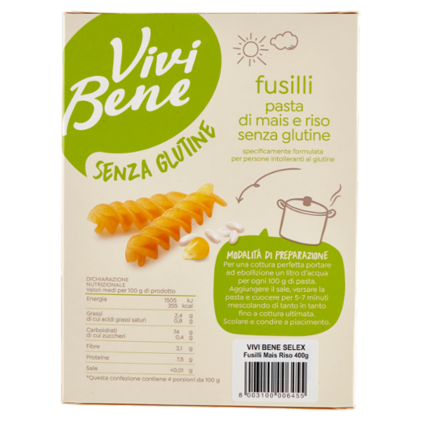 Vivi Bene Senza Glutine Pasta di Mais e Riso Fusilli Senza Glutine 400 g