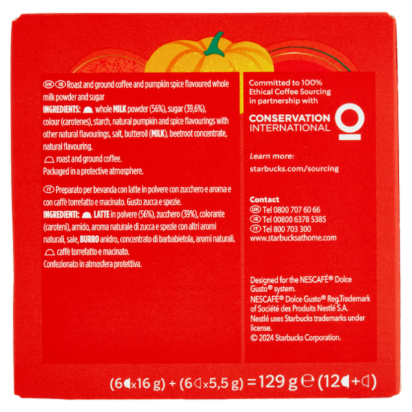 STARBUCKS Pumpkin Spice Latte by Nescafé Dolce Gusto Zucca Spezie e Caffè 12 Capsule 129g