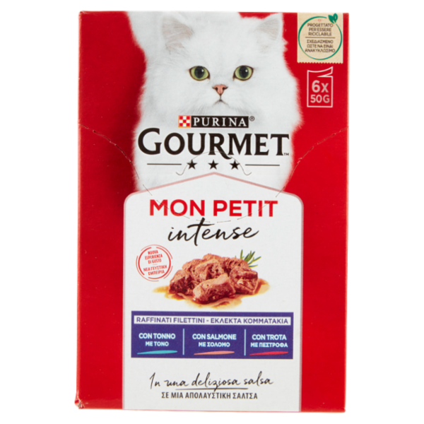 PURINA GOURMET Mon Petit Filettini Intense cotti in Salsa (Tonno / Salmone / Trota) 6x50g