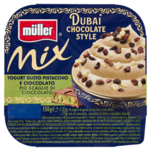 Müller Mix Dubai Chocolate Style Yogurt Gusto Pistacchio e Cioccolato Più Scaglie Di Cioccolato 150g