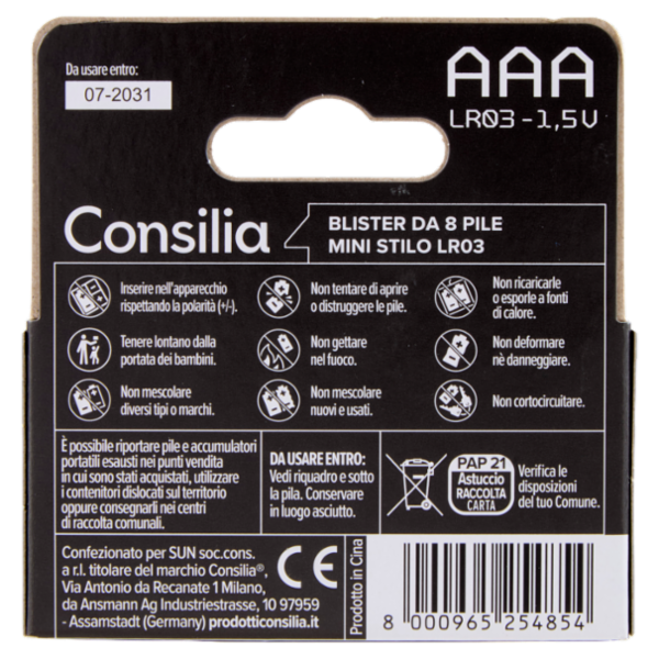 Consilia Pile Alcaline Mini Stilo AAA 1,5 V 8 pezzi