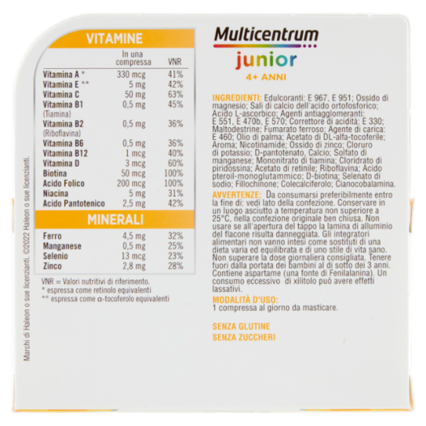 Multicentrum junior integratore multivitaminico per bambini 4 + con vitamina B , C , D 30 cpr 56 g