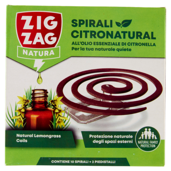 Zig Zag Natura Spirali Citronatural all'Olio Essenziale di Citronella 10 Spirali + 2 Piedistalli