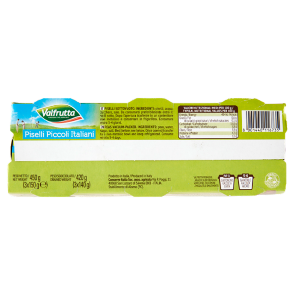 Valfrutta Cotti a Vapore Piselli Piccoli Italiani 3 x 150 g