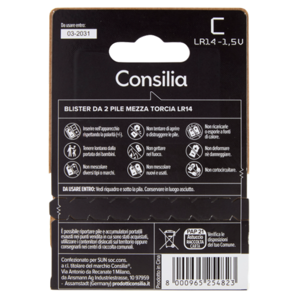 Consilia Pile Alcaline Mezza Torcia C 1,5 V 2 pezzi