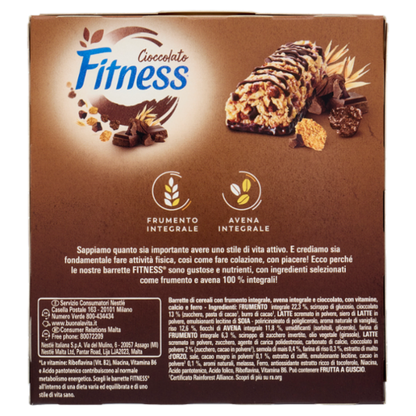 FITNESS Chocolate Barrette Cereali Integrali con Cioccolato Fondente 6 pezzi da 23,5g