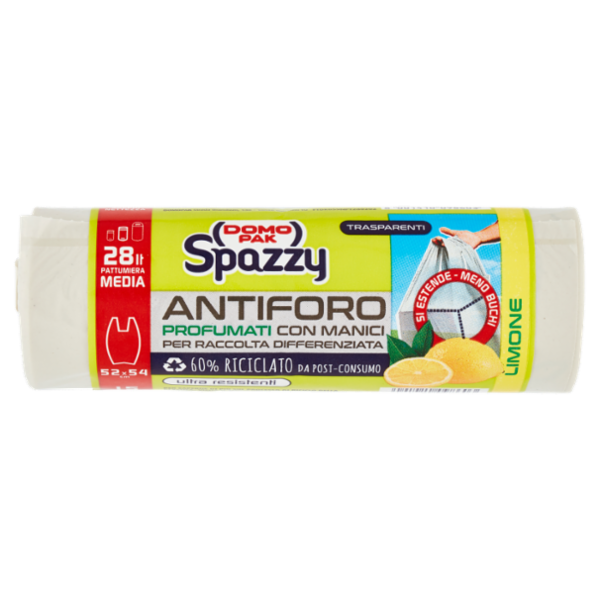 Domopak Spazzy Antiforo Profumati con Manici 28 lt Pattumiera Media 52x54 cm Limone 15 pz