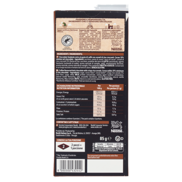 PERUGINA NERO Caffè Tavoletta Cioccolato Fondente Extra 85g