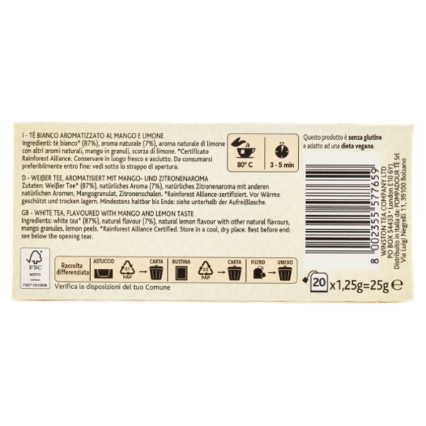 Sir Winston Tea Tè Bianco Mango e Limone 20 x 1,25 g
