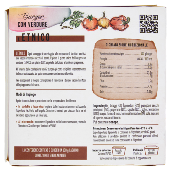 Cottin tavola 100% Vegetale Burger con Verdure l'Etnico 2 x 100 g